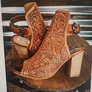 Myra Bag Floral Tan Block Heel Sandals